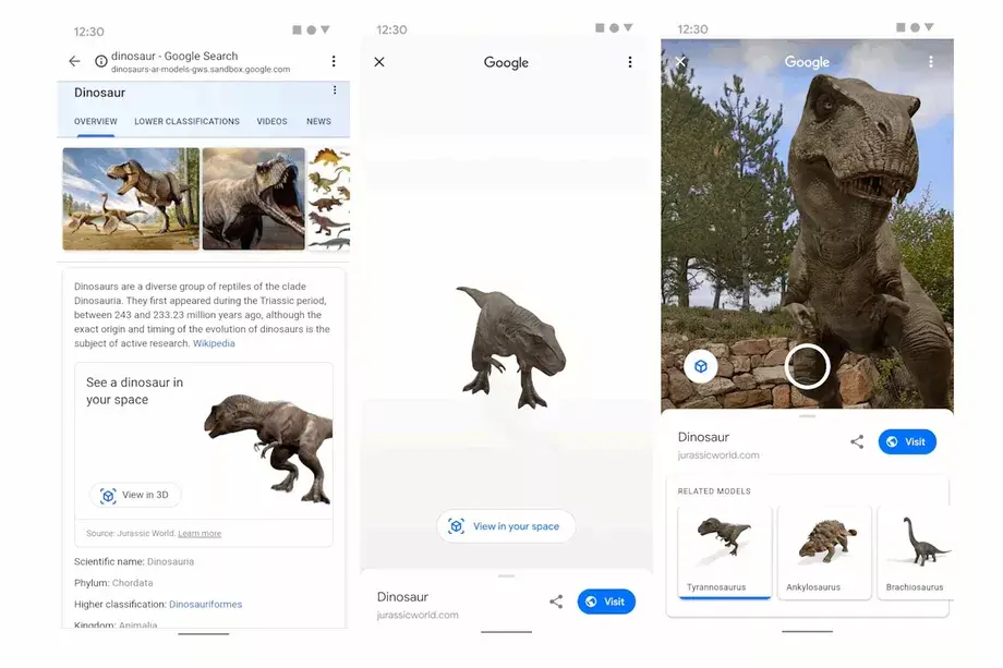 جوجل تطلق ميزة لعرض الديناصورات في العالم الحقيقي باستخدام الواقع المعزز